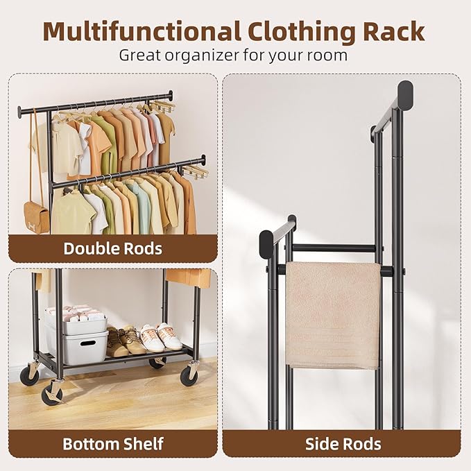Simple Trending Clothes Rack, Double Rods Clothing Rack for Hanging Clothes, Metal Garment Rack with Rolling Wheels, Portable