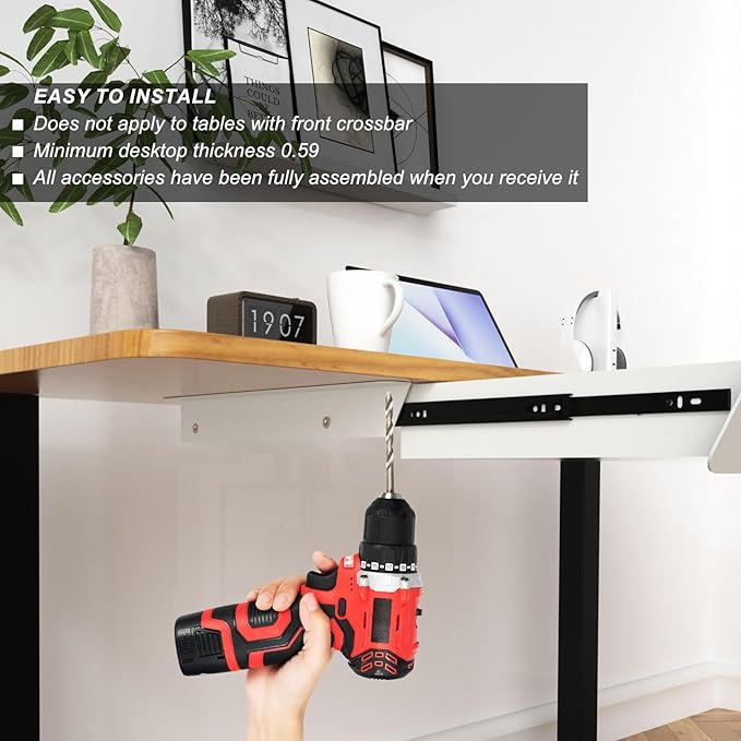 White Large Under Desk Mounted Sliding Drawer with 2 Cable Hole and 60 Degree Tilt Panel to Pull Out, 22.4'' Long & 9.2'' dee