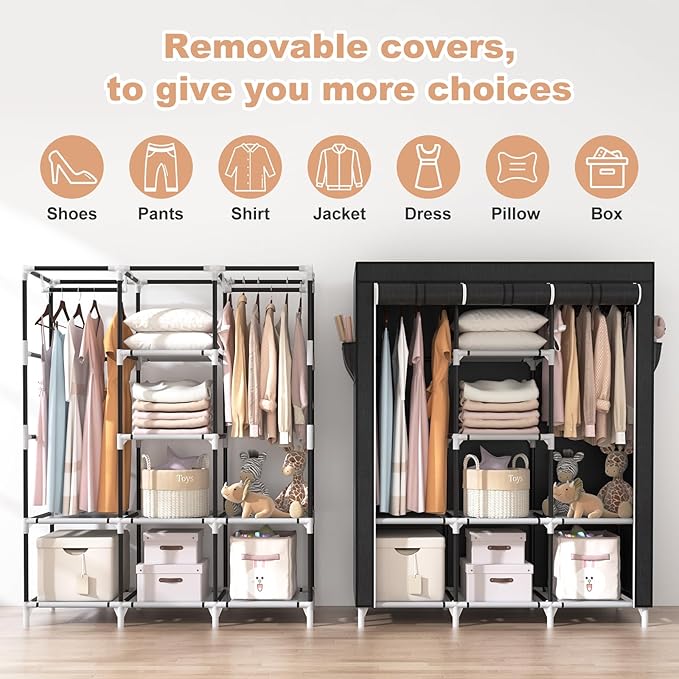 VTRIN Portable Closet, Large Capacity Portable Wardrobe with 2 Hanging Rods and 8 Storage Shelves, Sturdy Free Standing Close