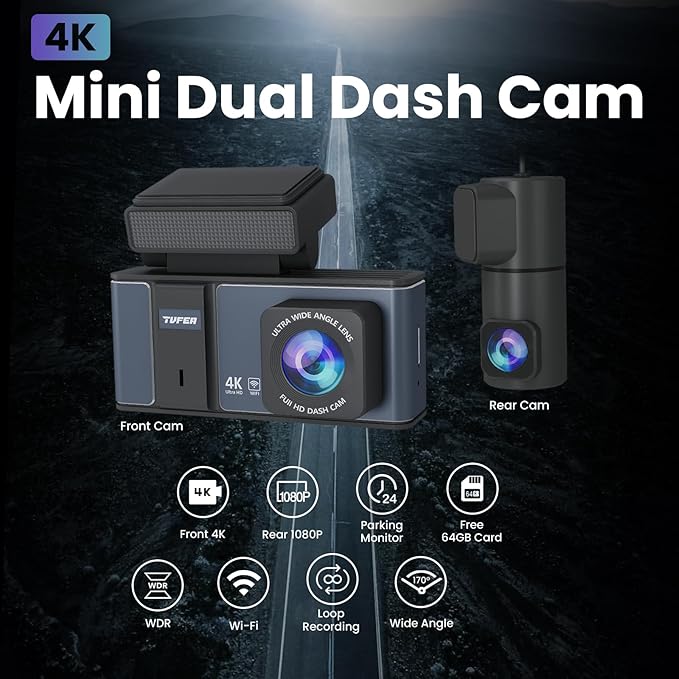 Dashcam Front and Rear Camera,TVFEA Dash cam 4K,Dual Dash Camera for Cars with Wi-Fi,3.18" LCD Screen,64GB Card,APP Control,N