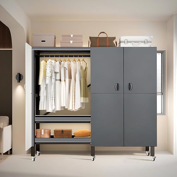 YTLEMON Heavy Duty Clothes Rack with Magnetic Door, Metal Foldable Covered Clothes Rack, Portable Wardroobe Closet System for