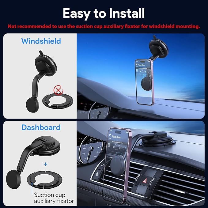 Magnetic Phone Holder for Car, [ Powerful Magnets & Military-Grade Suction] Car Phone Holder Mount Dashboard Windshield Cell Phone Holder Phone Stand for Car iPhone Android Automobile Cradle