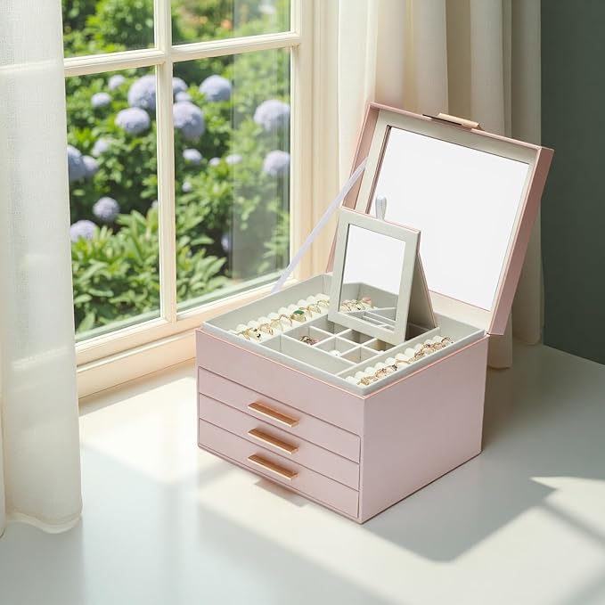 BOOVO Clear Lid Jewelry Box,3 Layers Jewelry Organizer Large Jewelry Storage Box with 2 Drawers,Jewelry Holder Organzier of R