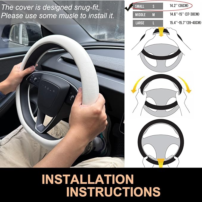 PINCTROT Nappa Leather Steering Wheel Cover for Tesla Model Y/3 Highland/Juniper, D Shaped 14 Inch Small Sized with Breathabl