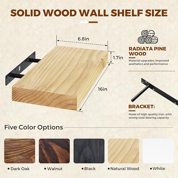 Floating Wall Shelf 16x6.8x1.7 Inch – Solid Wood Shelf in Natural Wood Finish – Wall Mounted Rustic Display Organizer for Bat