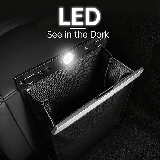 Leather Car Trash Can with Smart LED Light & Magnetic Closure, Hanging Car Trash Bag, Small Car Trash Can, Leak-Proof, Odor-Lock Car Trash Bin for Any Cars, Sedans, SUVs, Trucks, Black