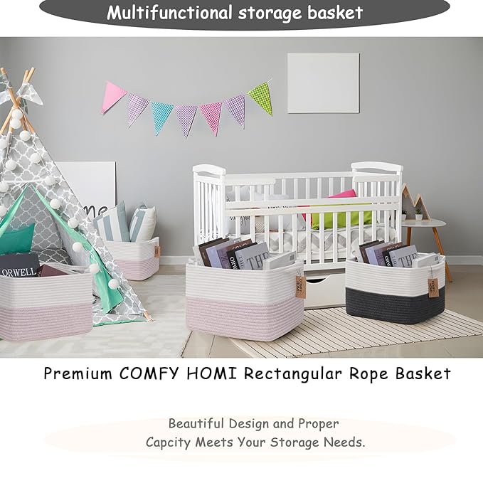 COMFY-HOMI 3PACK Cotton Rope Square baske with Handles for Shelves|Dog Toy baske Bin and Storage|Baby baske for Gift|Shoe bas