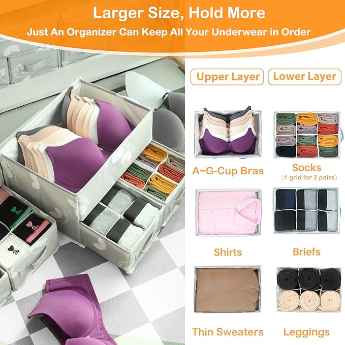 EASEVE 2 Pack Sock Underwear Drawer Organizer Divider - Closet Organizers and Storage Dresser Organizer Wardrobe Clothes Box 