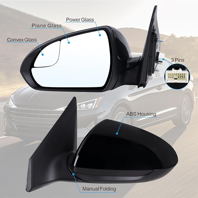 Left Driver Side Mirror Compatible With 2017 2018 2019 2020 Hyundai Elantra With Manual Folding Power Glass Black Replace#87610F3050(3Pins)
