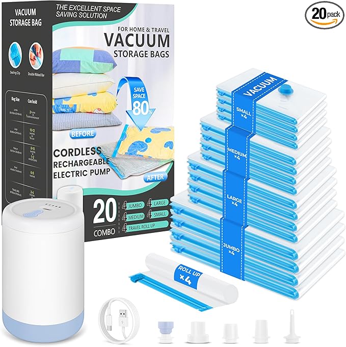 Travel Vacuum Bags with Rechargeable Cordless Pump, 20 Pack Vacuum Seal Bags for Clothing Travel Compression, Space Saver Vac