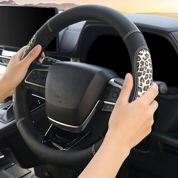 KAFEEK Microfiber Leather Leopard Steering Wheel Cover, Spliced Patchwork Design for Comfort Grip, Universal 15 inch, Breatha