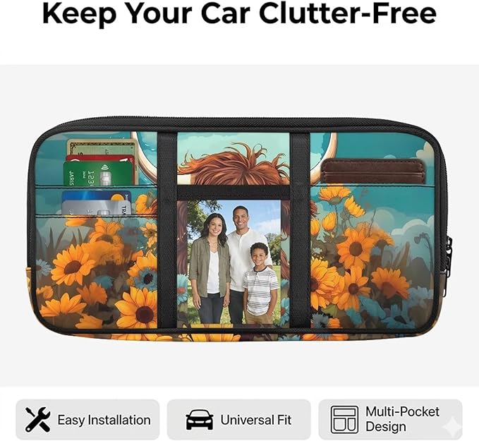 Sunflower Cow Car Sun Visor Organizer, Small Auto Visor Organizer and Storage, Registration and Document Holder, Vehicle Accessories for Sunglasses, Document, Card, Pen, Driver License