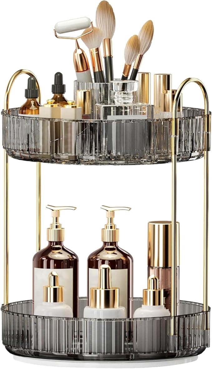 360° Rotating Makeup Organizer, Large-Capacity Skincare Make Up Storage 2 Tier Perfume Organizers Cosmetic Dresser Organizer 