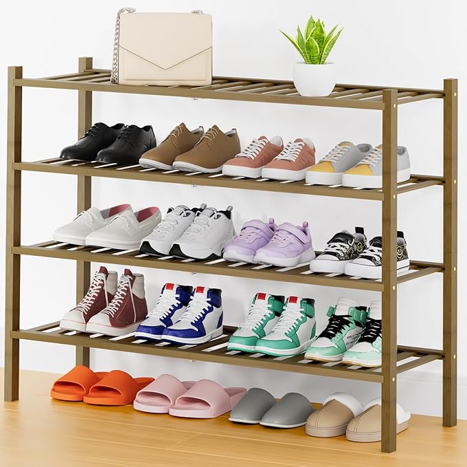 Smiry Shoe Rack, 4 Tier Thick Long Bamboo Shoe Organizer, Stackable Free Standing Wooden Shoe Storage Shelf for Closet, Entry