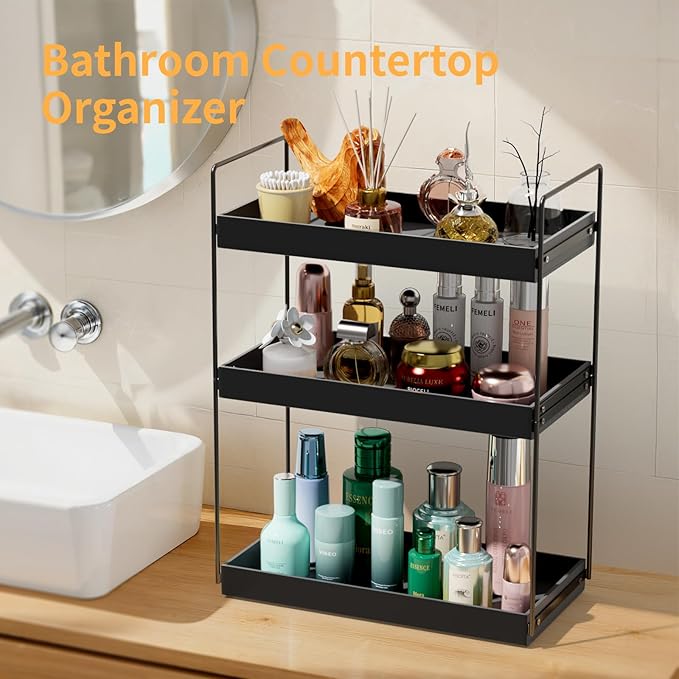 Bathroom Countertop Organizer, 3 Tier Metal Vanity Counter Skincare Shelf, Matte Black Under Sink Standing Rack With Acrylic 