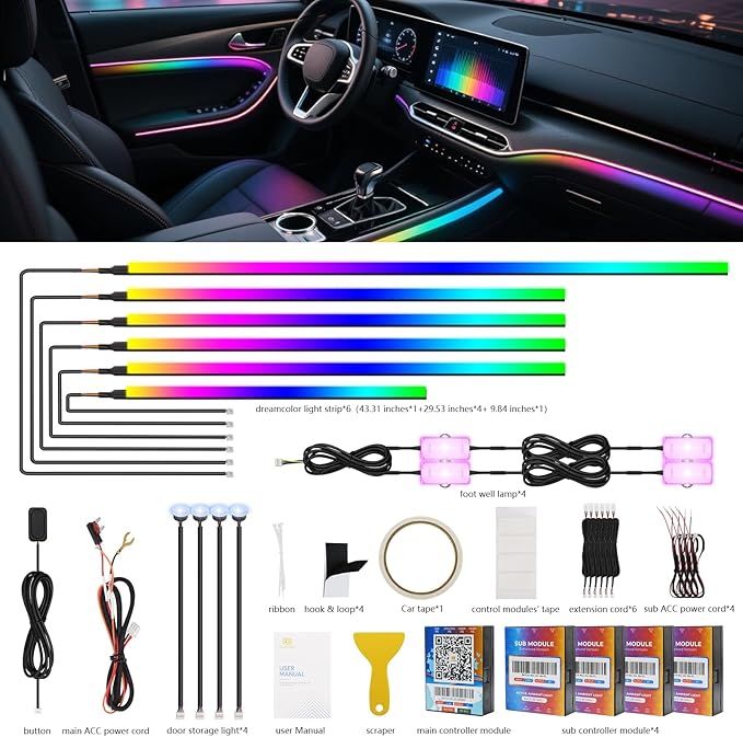 2026 Upgraded Dreamcolor Acrylic Interior Car LED Strip Light with Self-Developed App Dreamcolor RGB 14 in 1 | Dual Zone Control | Super Brighter Strips | Music Sync Ambient Lighting Car Interior