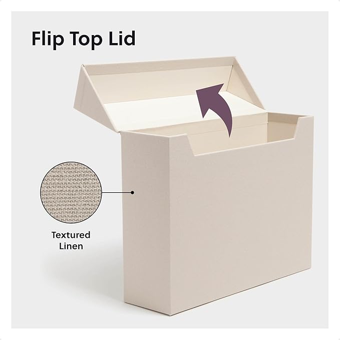 SMEAD Flip Top File Box, 10" x 3.7" x 13", Beige Natural Linen, Gold Metal Nameplate (70232)