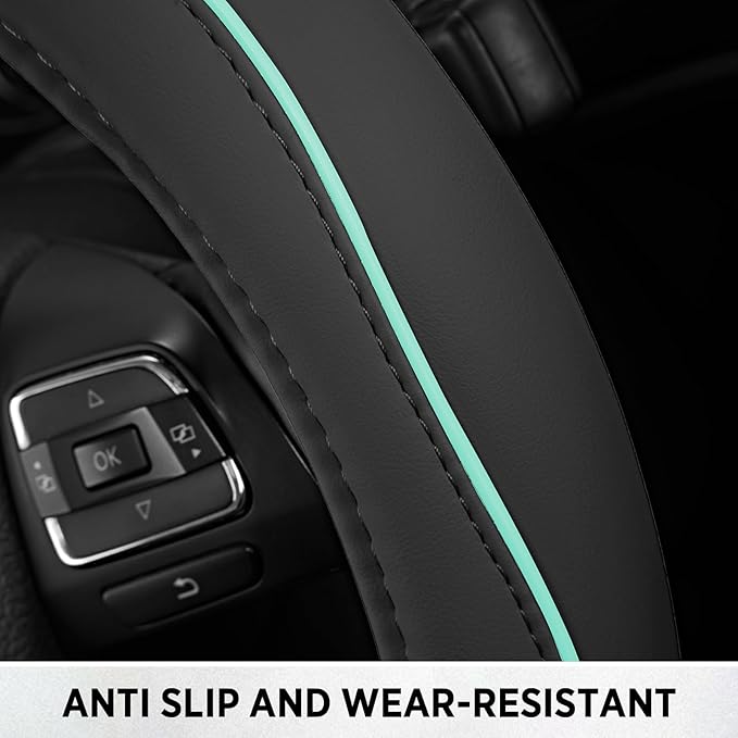 Road Comforts Leather Steering Wheel Cover with Decorative Trim and Piping, Anti-Slip Breathable Design, Fits 14.5–15 Inch Ro