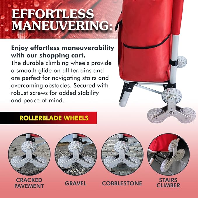 Ultra-Lightweight Foldable Stair-Climbing Red Shopping Cart - 42L Capacity, Six Rubber Wheels, Removable Insulated Bag Liner, Durable Aluminum Frame,Multi-Function Personal Hand Truck