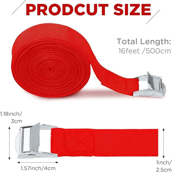 Riakrum 15 Pack 16 Feet Lashing Straps Adjustable Kayaks Tie Down Cam Buckle Straps with Buckles up to 250lbs for Cargo, Luggage, Motorcycles, Truck, Car Roof Rack, Sup Surfboard(Red)
