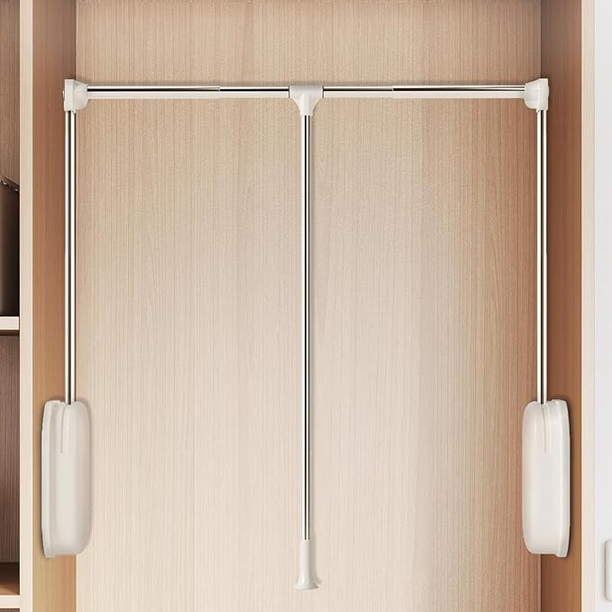 Pull Down Closet Rod White, Adjustable 33-45 inches Side Mounted Closet Rod, Two-way Buffering 60 lbs Heavy Duty Wardrobe Lif
