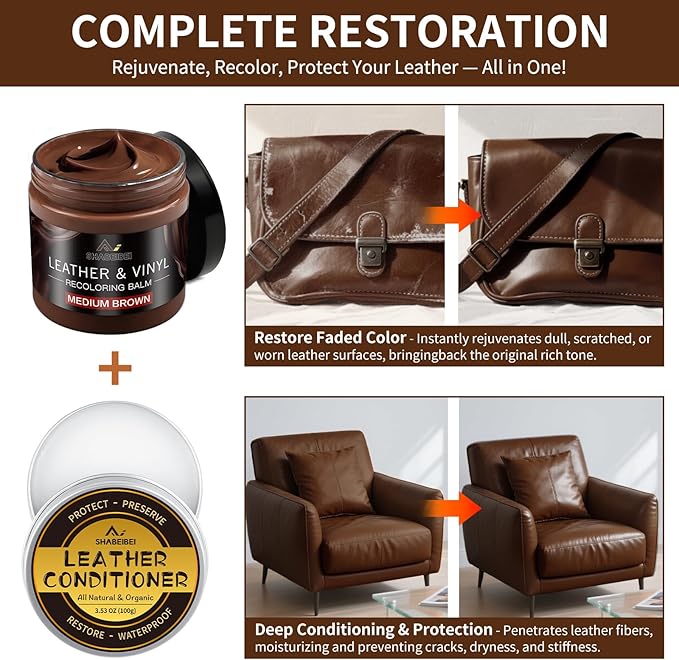 Leather Recoloring Balm with 100ml Mink Oil, Medium Brown Leather Repair Kit and Scratch Remover for Furniture, Car Seats, So