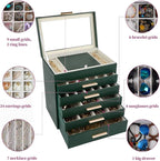 BOOVO Jewelry Box for Women, Green 6 Layer Large Jewelry Organizer with Glass Lid for Necklace, Bracelet, Earrings Storage, J