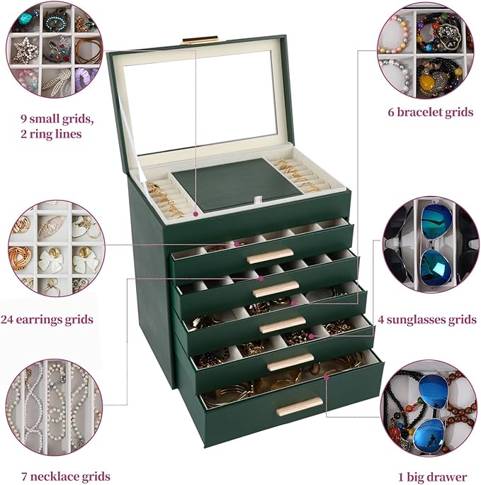 BOOVO Jewelry Box for Women, Green 6 Layer Large Jewelry Organizer with Glass Lid for Necklace, Bracelet, Earrings Storage, J