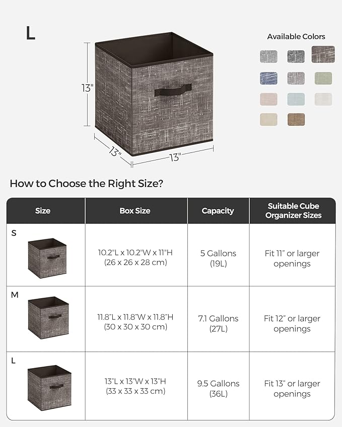 SONGMICS Storage Cubes, 13-Inch Non-Woven Fabric Bins with Double Handles, Set of 6, Closet Organizers for Shelves, Foldable,