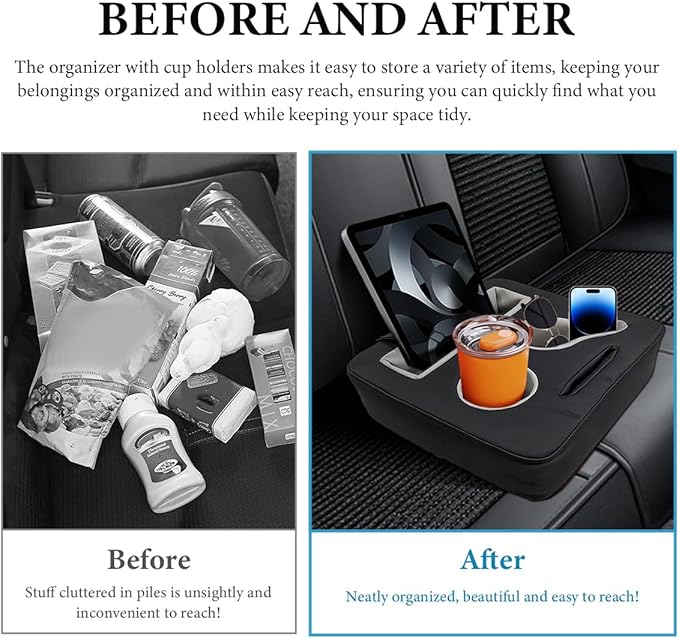 Car Back Seat Organizer, Leather Automotive Rear Seat Couch Cup Holder Expander Tray, Vehicle Cup Holder Tray Holds Snacks Remotes Phones for Truck RV Boat Couch Pillow Bed