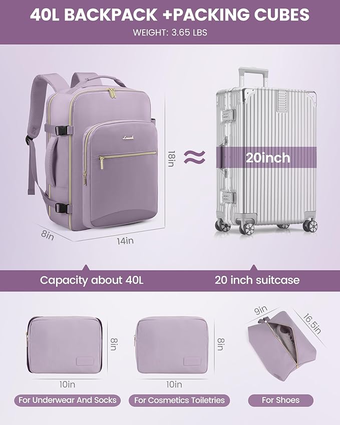 LOVEVOOK Travel Backpack for Women & Men 40L,Airline Approved Carry On Backpack Travel Essentials,TSA Carry on Luggage,Waterp