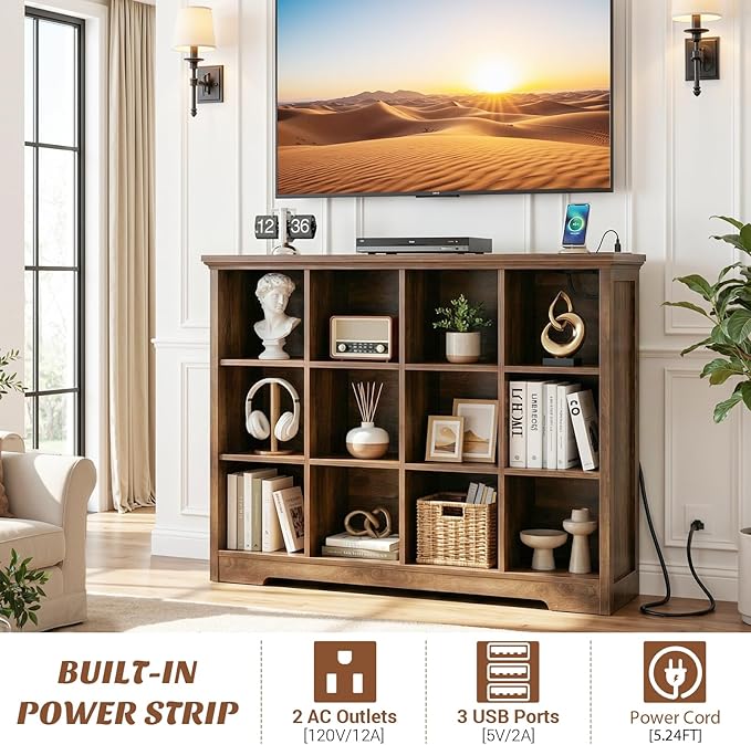 Aheaplus Wooden 12-Cube Storage Organizer with Charging Ports, Modern Cube Bookcase with Base, 4-Tier Floor Standing Open Cub