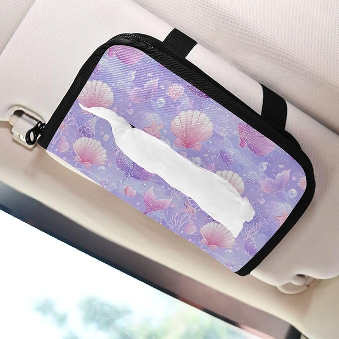 Car Tissue Holder Car Visor Organizer Tissue Box Holder for Car Sun Visor Organizer with Car Vehicle Accessories Essentials Interior for Women Men Purple Mermaid Seashell Starfish