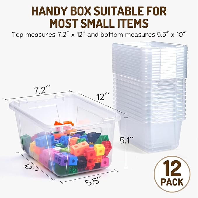 GAMENOTE 6 Quart Storage Bins with Lids,12 Pack Transparent Plastic Latching Box for Classroom & Kids Toy Storage,Clear Stack