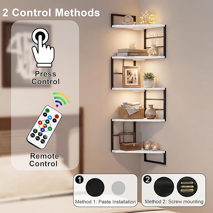 Corner Floating Shelves with Lights - 5 Tiers Corner Shelf Wall Mounted, Bookshelf with LED Light, Floating Shelves for Wall,