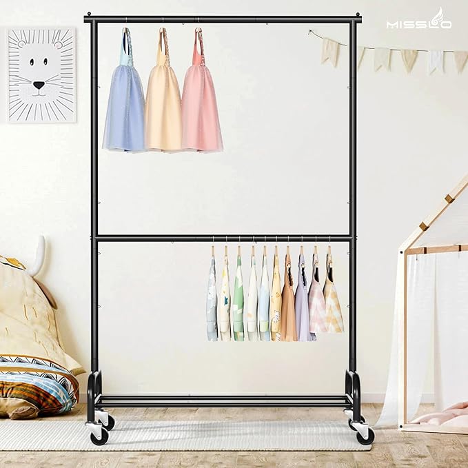 MISSLO Heavy Duty Clothing Racks for Hanging Clothes Rack Double Rod Garment Rack Rolling Closet Wardrobe Rack on Wheels, Met