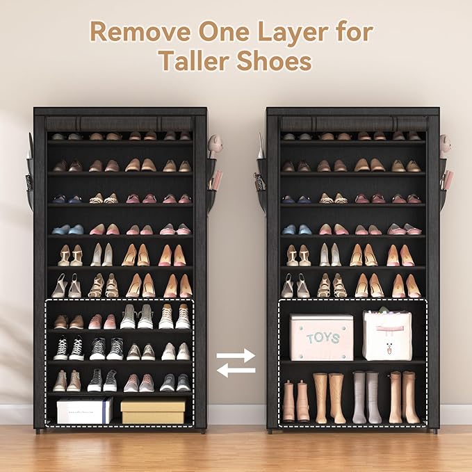 ROJASOP 10 Tier Shoe Rack with Covers,Large Capacity Stackable Tall Shoe Shelf Storage to 50-55 Pairs Shoes and Boots Sturdy 