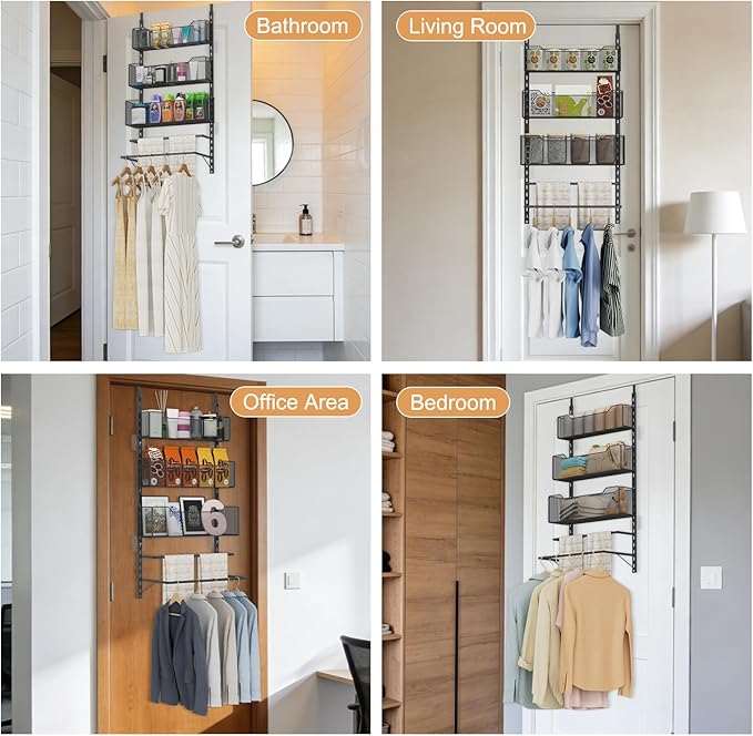 VyGrow Over the Door Storage Organizer with 3 Tier Mesh Baskets 2 Hanging Rods, 2 Mounting Options, Heavy Duty Clothes Hanger