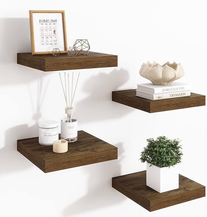 Fun Memories Floating Shelves for Wall - 7.5 Inch Square Shelves with Invisible Brackets, Brown Small Wall Shelf for Living R