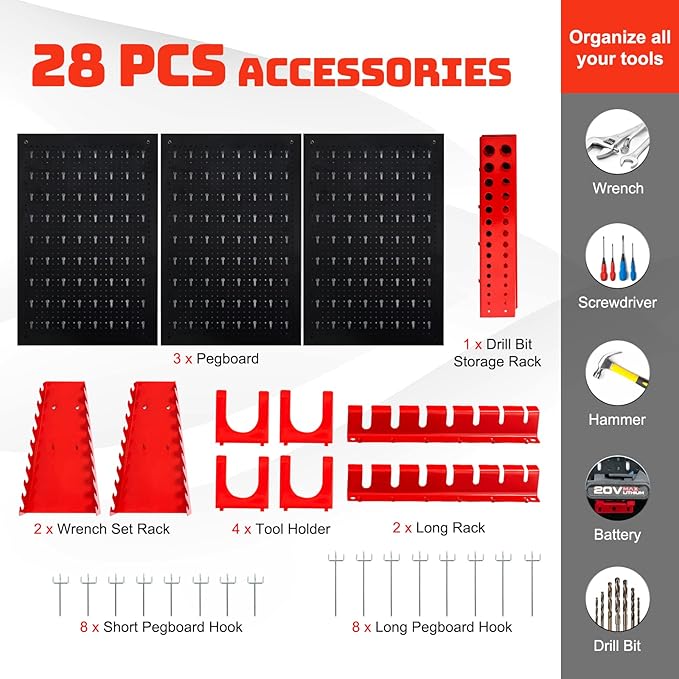 Goplus Garage Pegboard Tool Organizer, 4ft Metal Pegboard Wall Organizer w/3 Pegboards, Drill Bit Rack, Wrench Rack, Hooks Ac