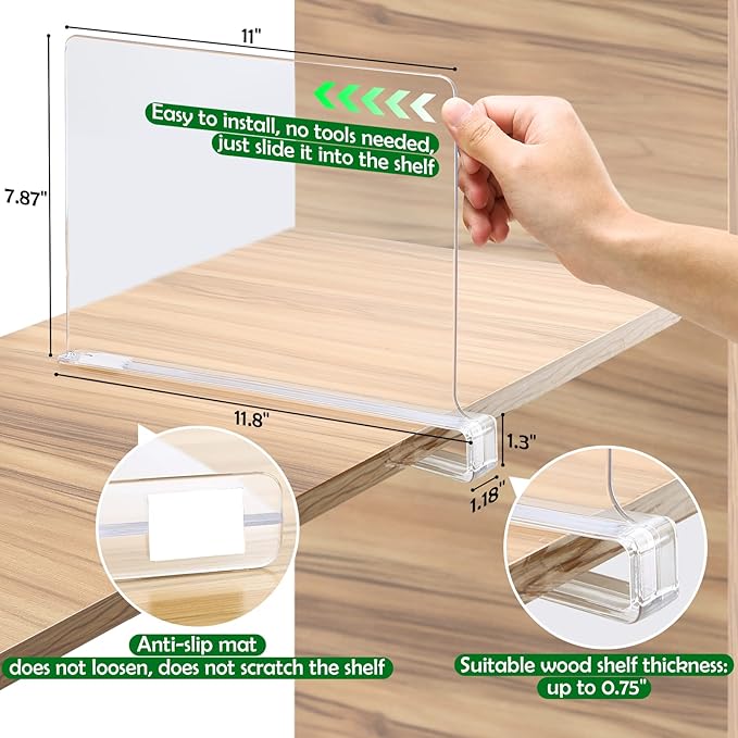 Consevisen Shelf Dividers for Closet Organization and Storage, 12 Pack Acrylic Clear Closet Shelf Dividers for Wood Shelves, 