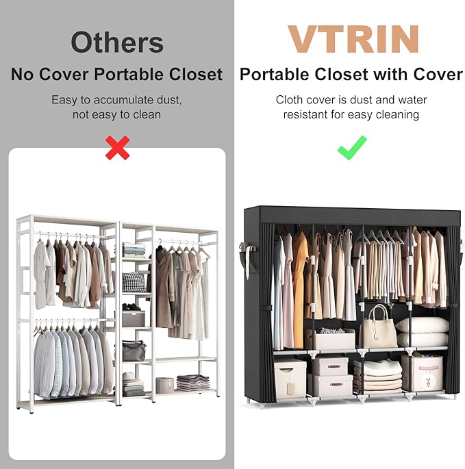 VTRIN Portable Closet for Hanging Clothes 67 Inch Wide Large Capacity Portable Wardrobe Closet with Cover, 4 Storage Shelves 