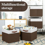 Temary Foldable Cube Baskets 4Pack - Shelf Storage Bins with Handles, Fabric Storage Organizer for Clothes, Home (White&Brown