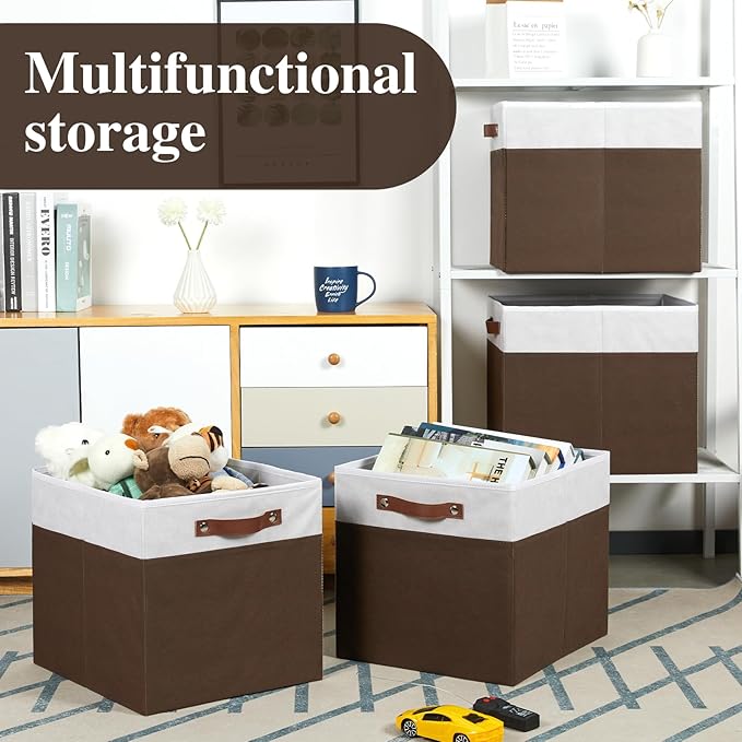 Temary Foldable Cube Baskets 4Pack - Shelf Storage Bins with Handles, Fabric Storage Organizer for Clothes, Home (White&Brown