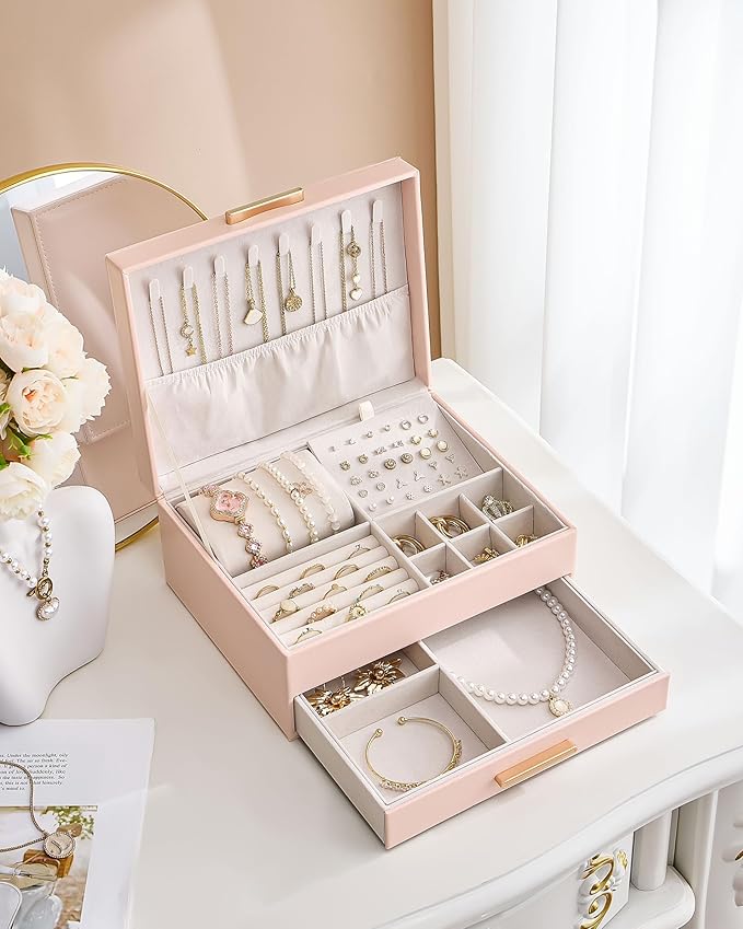 Lolalet 2-Layer Jewelry Box Organizer for Women Girls, Jewelry Storage Case Holder with Drawers for Necklaces Ring Earrings B
