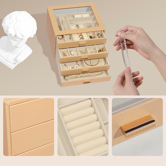 Jewelry Box with Glass Lid, 4-Layer Jewelry Organizer for Women Girls, PU Leather Display Case with 20-Grid Earring Tray & Mo