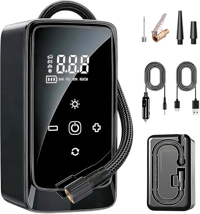 Tire Inflator Portable Air Compressor, Dual-Power (12V DC - Rechargeable) Digital Display Air Compressor, Tire Air Pump, with LED Work Light, for Car Tires, SUV, Motorcycle, Bicycle and Balls