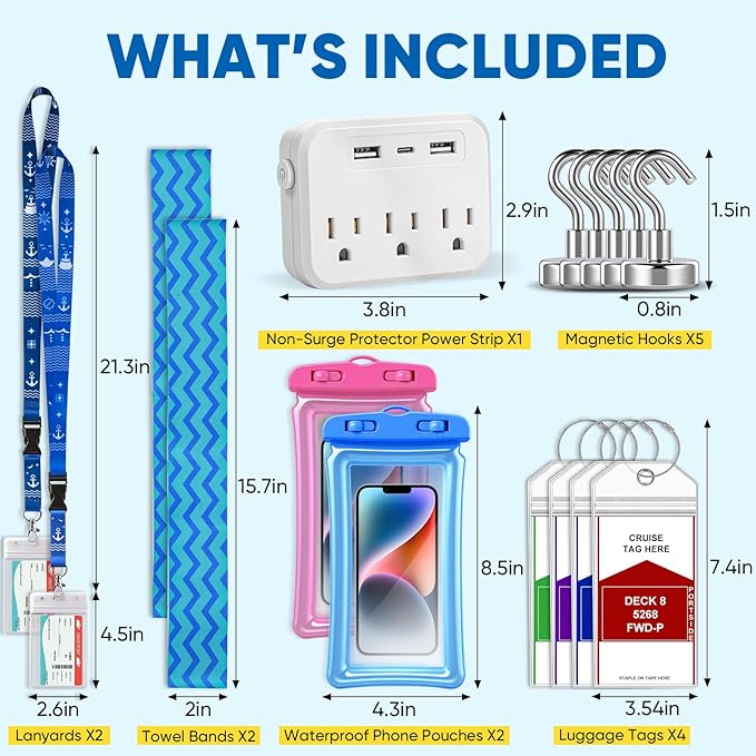 Cruise Essentials 2026,Cruise Must Haves Kit,Non-Surge Protector Power Strip,Magnetic Hooks,Lanyards,Luggage Tags,Towel Bands