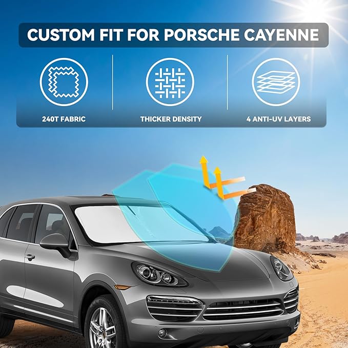 for Porsche Cayenne 2019-2024 2025 Windshield Sun Shade - 4 Layers Car Sunshades for Front Windows Shade Cover Custom Fit Cayenne Sun Visor 250T Retractable Shade Blocks UV Rays Car Accessories