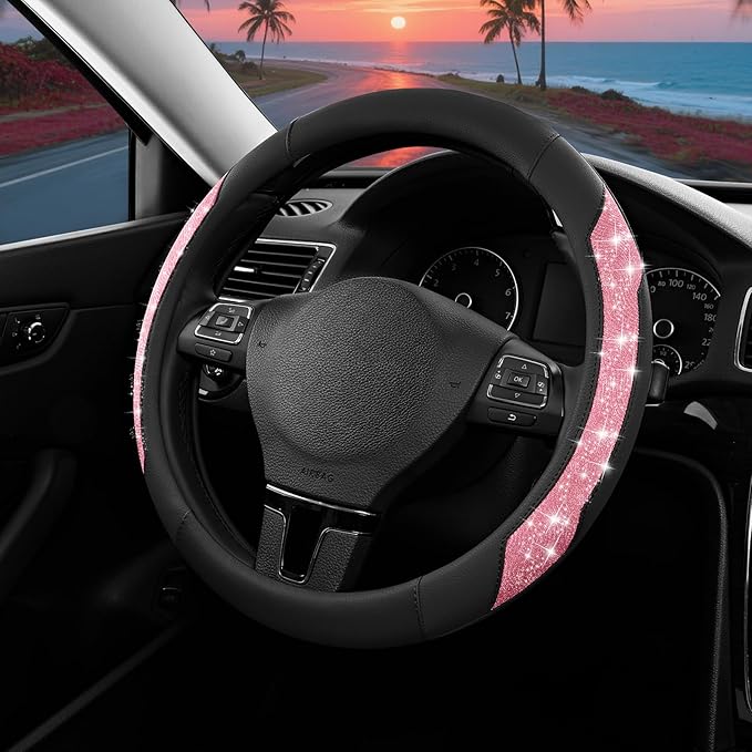 PIC AUTO Steering Wheel Cover, Hot Pink Sparkly Crystal Bling Glitter with Leather, Universal Fit 14.5"-15.5" Car Steering Wh